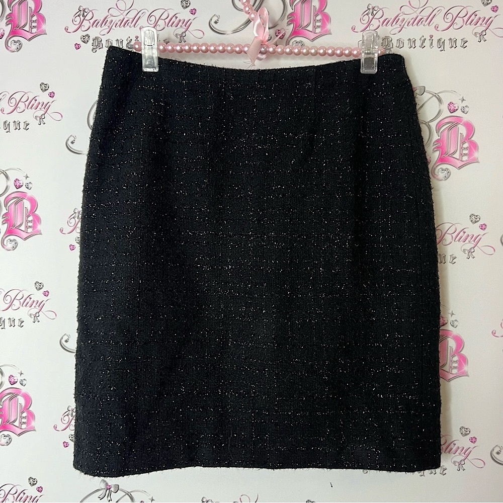Via bovio skirt shiny tweed Elegant Black Tweed Skirt zip up silver pencil